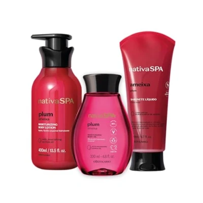 Abbildung von O Boticário Nativa SPA Pflaume, Geschenkset für die Hautpflege mit 3 Produkten, Feuchtigkeitscreme den Körper, 400 ml, parfümiertes Körperöl 200 ml und Dusch Badgel, g