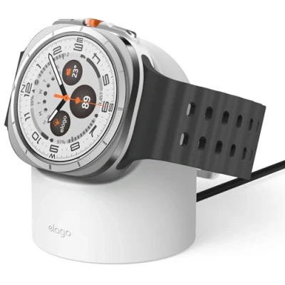 Abbildung von elago Ladestation für Samsung Galaxy Watch 7/7 Ultra / 6/6 Classic 5/5 Pro [40/43/44/45/47mm] Ladegerät, Nachttischmodus, Kabelmanagement [Kabel Nicht im Lieferumfang Enthalten] (Weiß)