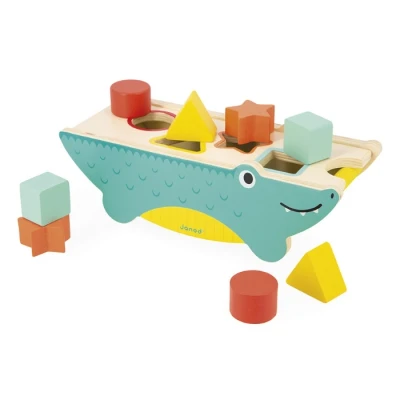 Abbildung von Janod Kroko Formensortierer Tropik Entwicklungsspielzeug aus Holz Lernspielzeug Formen und Farben 8 zum Stecken FSC zertifiziert Wasserfarbe Ab 1 Jahr, J08267
