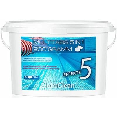 Abbildung von GlobaClean Chlor Multitabs 5 in 1 200g Chlortabletten für Pool 3kg Phasen Wirkung sichere und saubere Poolpflege Made Europe kristallklares hygienisches Poolwasser