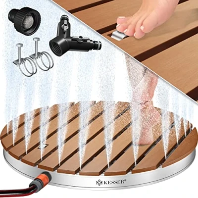 Abbildung von KESSER® Gartendusche Bodendusche Außendusche Saunadusche Campingdusche Ø 70 cm Rund Fontänenhöhe bis 4 m einstellbar Mit Fußrad, Aluminium/WPC, rutschfeste Wetterfest, Holzoptik