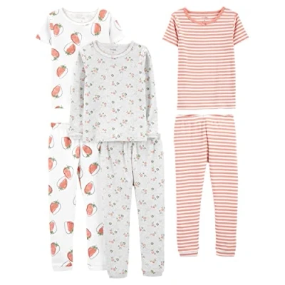 Abbildung von Simple Joys by Carter&#039;s Mädchen 6 Piece Snug Fit Cotton Pajama Set Pyjamaset, Grau Floral/Rosa Streifen/Weiß Erdbeere, 18 Monate (3er Pack)