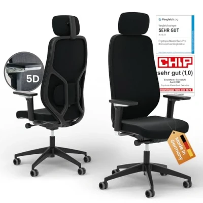 Abbildung von Ergotopia MasterBack Pro ergonomischer Bürostuhl mit 3D Neigungsmechanik Premium Schreibtischstuhl Made in Germany Lordosenstütze, Synchronmechanik &amp; verstellbaren 5D Armlehnen