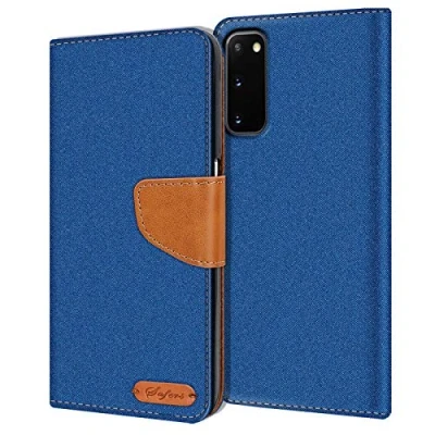 Abbildung von Verco kompatibel mit Samsung Galaxy S20 Hülle, Schutzhülle für Tasche Denim Textil Book Case Flip Klapphülle Blau