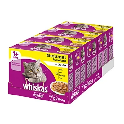 Abbildung von Whiskas 1 + Katzenfutter Geflügel Auswahl in Gelee Hochwertiges Feuchtfutter für ausgewachsene Katzen 48 Portionsbeutel à 100g