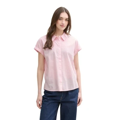 Abbildung von TOM Tailor Denim Striped Shortsleeve Shirt Hemdbluse, Damen, Größe: XL, Rose/white