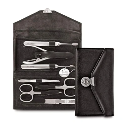 Abbildung von nippes Solingen Maniküre Set Locks, 7 teilig, Edelstahl nickel &amp; rostfrei, Echtes Rindleder Nageletui in Schwarz, Nagelpflege Set, Made Solingen/Germany
