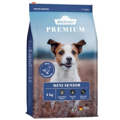 Abbildung von Dehner Premium Hundefutter Senior, Trockenfutter getreidefrei, für ältere Hunde kleiner Rassen, Ente / Lamm Kartoffel, 4 kg