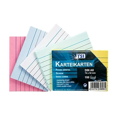 Abbildung von TSI Karteikarten bunt sortiert, 100er Packung, liniert, Größe: DIN A8 (74 x 52 mm), Art. Nr. 65898