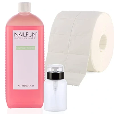 Abbildung von NAILFUN Nail Polish Remover (Nagellackentferner) 1 Liter Acetonfrei + 500 Zelletten (1 Rolle) Pumpflasche