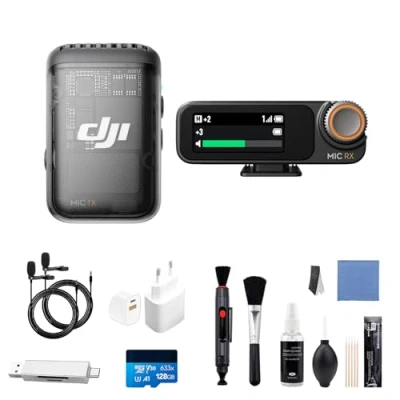 Abbildung von DJI Mic 2 (1 Sender + 1 Empfänger), kabelloses Mikrofon mit intelligenter Rauschunterdrückung, interne 32 Bit Float Aufnahme, optimierter Sound (Ladestecker+SD Card+Reinigungsset+2x 3,5mm kabel)