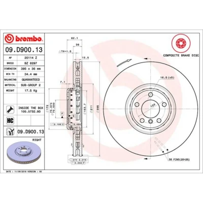 Abbildung von BREMBO 09.D900.13 Bremsscheibe 395 36 5 innenbelüftet, Verbundbremsscheibe beschichtet hochgekohlt mit Schrauben BMW: X6, X5