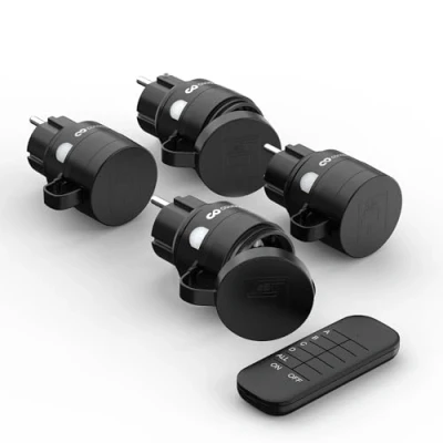 Abbildung von conecto Funksteckdosen mit Fernbedienung Aussen, 2300 Watt, 230V, 4 x Steckdose Funkfernbedienung, Outdoor Set, IP44, Stromsparen, 30m Reichweite, Schwarz
