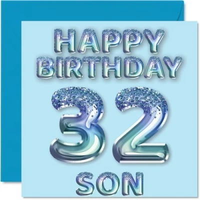 Abbildung von Stuff4 Geburtstagskarte zum 32. Geburtstag für Sohn, blaue Glitzer Party Luftballons, Happy Birthday Karten den von Mama Papa Eltern, 145 mm x