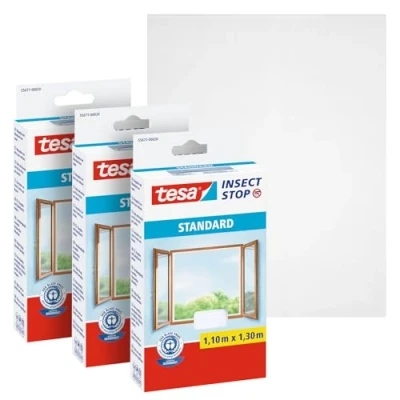 Abbildung von tesa Insect Stop Standard Fliegengitter für Fenster im 3er Pack Insektenschutz zuschneidbar Mückenschutz ohne Bohren 3 x Fliegen Netz weiß 110 cm 130