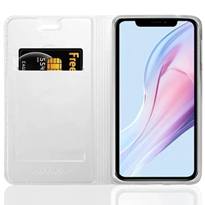 Abbildung von Cadorabo Hülle kompatibel mit Apple iPhone 13 Mini aus Premium Kunst Leder Flip Klappbare Stoßfeste Magnetische [Standfunktion] [Kartenfächern] Cover für Tasche in Silber