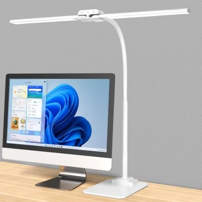 Abbildung von KableRika Schreibtischlampe LED Dimmbar: Doppelkopf für Homeoffice Augenschutz tageslichtlampe schreibtisch mit Metallbasis büro tischlampe schreibtischleuchte Weiß