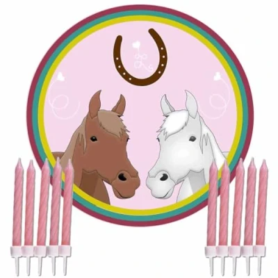 Abbildung von Essbarer Tortenaufleger Pferdeköpfe mit rosa Kuchenkerzen // Kuchendekoration Pferde Kuchendeko Pferdegeburtstag