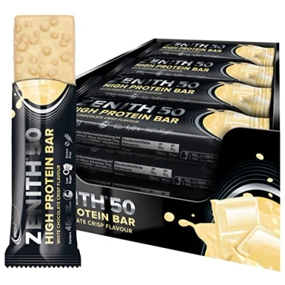 Abbildung von IronMaxx Zenith 50 High Protein Bar White Chocolate Crisp 16 x 45g Eiweißriegel mit 50% Proteingehalt low carb, sugar wichtigen Aminosäuren