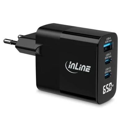 Abbildung von InLine USB Ladegerät, 3 Port, digitales Display mit aktuellem Energieverbrauch, 2X C + 1x A, GaN, 65W, Schnellladegerät, PD3.0, QC3.0, Netzteil für iPhone/Pro/Mini, Samsung und mehr, 31552