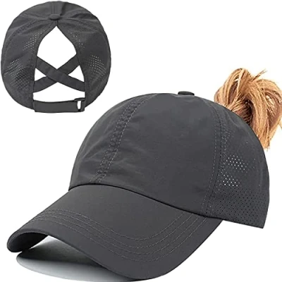 Abbildung von Pferdeschwanz Baseballkappe Damen Sommer Einstellbare Schnell trocknende Masche Atmungsaktiv Baseballmütze Unisex Criss Cross Hüte Sport Mütze (Dunkelgrau)