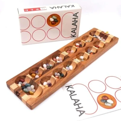 Abbildung von ROMBOL Denkspiele Spiel, Brettspiel Kalaha hochwertiges Steinchenspiel inkl. Halbedelsteinen, Holzspiel