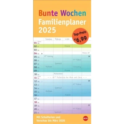 Abbildung von Bunte Wochen Familienplaner 2025: Praktischer Wandplaner mit 5 Spalten. Familien Wandkalender Schulferien und 3 Monats Ausblick. Terminkalender 2025. (Familienplaner Heye)