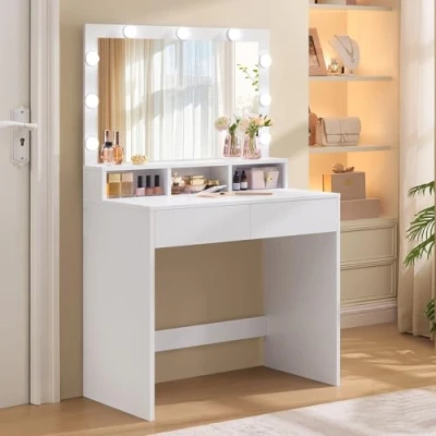 Abbildung von VASAGLE Schminktisch, mit LED Beleuchtung, einstellbare Helligkeit, Frisiertisch Spiegel, Kosmetiktisch 2 Schubladen und 3 offenen Fächern, Frisierkommode, modern, weiß RDT120T10