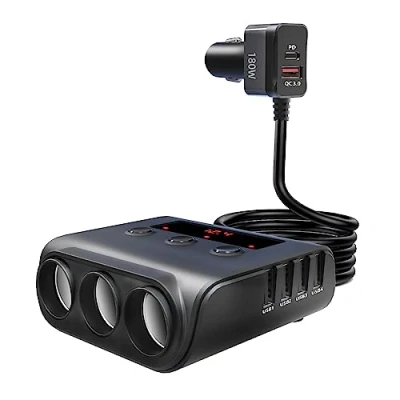 Abbildung von YONGYAO Zigarettenanzünder Verteiler, 180W Auto KFZ Ladegerät Adapter, 3 Fach 12V/24V Stecker Ladekabel Splitter mit 5 USB Anschlüsse für Smartphones/iPad/Dashcam/GPS/Sitzheizung