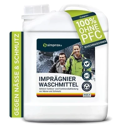 Abbildung von simprax® Textil Wash in Imprägnierung Made Germany Klimaneutrales Imprägniermittel. Umweltfreundliche Einwaschimprägnierung für Funktions &amp; Outdoortextilien Gore Tex. Waschmaschine o. Handwäsche
