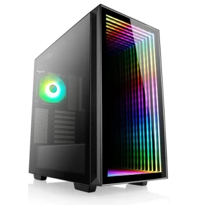Abbildung von Gaming PC Gehäuse INFINITUS Midi Tower, aRGB Beleuchtung (inkl. Steuerung), Infinity Mirror, Glas Seitenteil, Front, vormontierte Lüfter, E ATX, Micro Mini ITX, schwarz