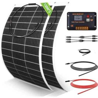 Abbildung von ECO WORTHY 260 Watt 12 Volt flexibles Solarpanel Kit netzunabhängig Off Grid: 2 Stücke130W + 30A LCD Display PWM Laderegler 5m Solarkabel für Wohnwagen, Wohnmobil, Boot, Kabine, Anhänger