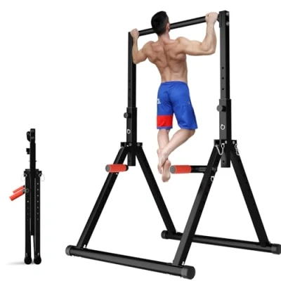 Abbildung von DOBESTS Klimmzugstange Freistehend Faltbar Power Tower Dip Station Höhenverstellbar MultifunKtional Fitness Tainingsgerät für Liegestütze Pull Up, Dreiecksstruktur, Stützgewicht 300KG