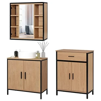 Abbildung von EUGAD Badezimmer Badmöbel Set Waschbeckenunterschrank Unterschrank Badezimmerschrank mit Spiegelschrank Hängeschrank für Bad, Badkommode Metall + Holz Model 10