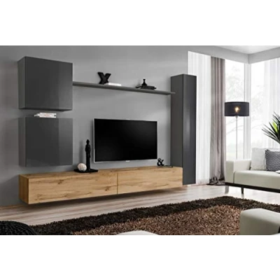 Abbildung von All4All Wohnwand SW 8 Wohnzimmermöbel Schrankwand für Wohnzimmer Wohnzimmerschrank Anbauwand Hängend Modern Grau+Wotan 21