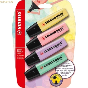 Abbildung von Textmarker STABILO BOSS ORIGINAL Pastel 4er Pack pudriges Gelb, rosiges Rouge, Schimmer von Lila, Hauch Minzgrün