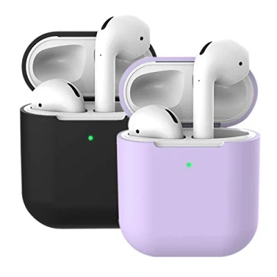 Abbildung von Molylove 2X Silikonhülle Kompatibel mit AirPods 2, Schutzhülle Stoßfest (LED an der Frontseite Sichtbar) (Lila +Schwarz)
