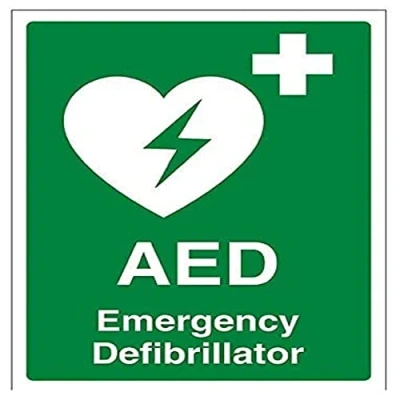 Abbildung von vsafety 31034 an r &quot;AED Notfall Defibrillator&quot; Erste Hilfe Allgemeine Zeichen, starrer Kunststoff, Hochformat, 150 mm x 200 mm, grün