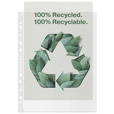 Abbildung von Esselte Recycle A4 MAXI Prospekthüllen, geprägtes starkes PP mit größerem Fassungsvermögen, 70 Mikron, Kunststoffhüllen Universallochung, 50er Pack, 627494
