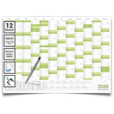 Abbildung von Kalenderoutlet Din B1 Wandkalender 2026 abwischbar XXL Jahresplaner 100x70 cm groß inklusive 1 Marker, feucht korrigierbar. Jahreskalender, Kalender in deutscher Sprache