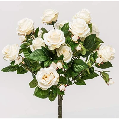 Abbildung von mucplants Rosenbusch/Rosenbuschstecker 59cm Elfenbein Rosen Kunstblumen Seidenblumen künstlicher Strauß Blumenstrauß Dekoblumen