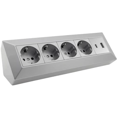 Abbildung von ChiliTec 4 fach Steckdosenblock, USB A+C, silber 250V / 16A, Aufbaumontage, Mehrfachsteckdose