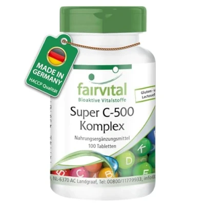 Abbildung von Fairvital Super Vitamin C 500 Komplex 100 Tabletten mit 500mg pro Tabette + Rutin, Acerola, Hagebutte &amp; Gerstengras HOCHDOSIERT VEGAN