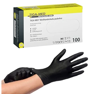 Abbildung von Nitrilhandschuhe puderfrei schwarz black Tiga 100 Stück Größe: Medium Einmalhandschuhe Nitril Einweg Handschuhe ohne Latex