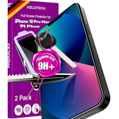 Abbildung von XeloTech 2x FULL Screen Schutzglas für iPhone 14 PLUS und 13 Pro MAX Kristallklares 9H Glas mit Turbo Schneller installation Premium Displayschutz schützt Komplett das Display
