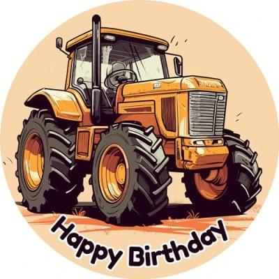 Abbildung von Tortenbild 20cm Happy &quot;Birthday Traktor Gelb&quot; essbarer Tortenaufleger rund aus Premium Dekor Papier