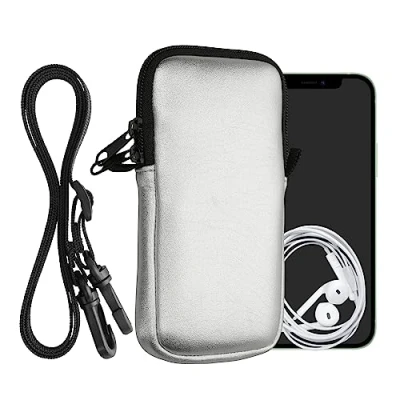 Abbildung von kwmobile Handytasche für Smartphones XL 6,7/6,8&quot; Neopren Handy Hülle Metallic Silber mit Kordel Tasche Handykette 17,2 x 8,4 cm Innenmaße