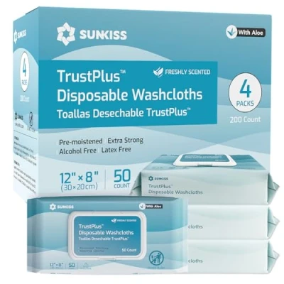Abbildung von SUNKISS Trustplus Feuchttücher für Erwachsene, Extra Dick 20x30 cm Körperreinigungstücher mit Aloe ältere Inkontinenz &amp; Reinigung, Parfüm, 200 Stück (4 Packungen 50)