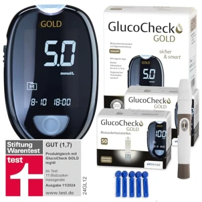 Abbildung von GlucoCheck GOLD Set (mmol/L) zur Kontrolle des Blutzuckers mit 110 Teststreifen 1 St