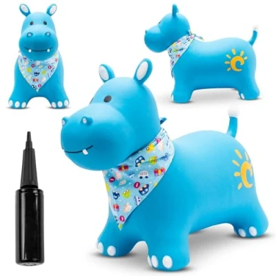 Abbildung von sun baby Hüpftiere ab 1 Jahr mit Pumpe aufblasbares Hüpfspielzeug aus Hochwertigem und Strapazierfähigem Gummi, Verschiedene Designs (Blaues Nilpferd Kopftuch)